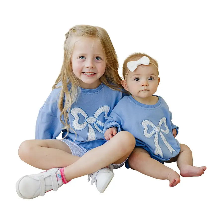 Blue Toile Applique Bow Sweatshirt Romper Or Crewneck