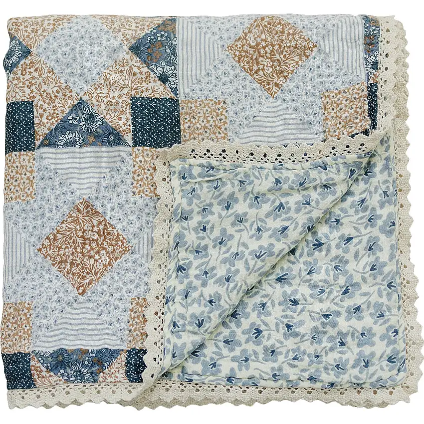Patchwork Print + Blue Blossom Lace Muslin Quilt