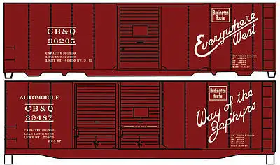 Accurail 1223 HO Scale 40' Single & Double-Door Steel Boxcar 2-Car Set - Kit -- Chicago, Burlington & Quincy #36205, 39487 (Boxcar Red, Slogans)