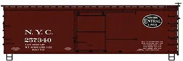 Accurail 13011 HO Scale 36' Double-Sheathed Wood Boxcar, Steel Roof, Ends, Fishbelly Underframe - Kit -- New York Central #257340 (Boxcar Red, Black Lines Logo)