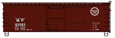 Accurail 1303 HO Scale 36' Double-Sheathed Wood Boxcar w/Steel Roof, Ends, Fishbelly Underframe - K -- Missouri Pacific #120583 (Boxcar Red, Buzz Saw Logo)