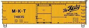 Accurail 1307 HO Scale 36' Double-Sheathed Wood Boxcar, Steel Roof, Ends, Fishbelly Underframe Kit -- Missouri-Kansas-Texas #74835 (yellow, black; "Katy Serves the Southwest")