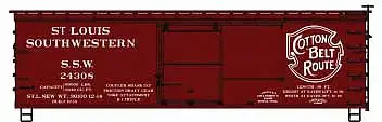 Accurail 1314 HO Scale 36' Double-Sheathed Wood Boxcar, Steel Roof, Ends, Fishbelly Underframe - Ki -- Cotton Belt SSW 24308 (Boxcar Red, white, Large Logo)