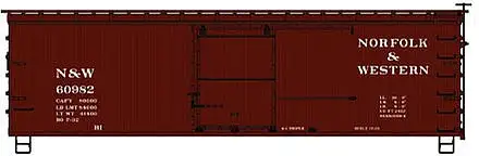 Accurail 1406 HO Scale 36' Double-Sheathed Wood Boxcar, Steel Roof, Ends, Straight Underframe - Kit -- Norfolk & Western 60982 (Boxcar Red)