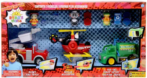Ryan's World Ryan's Fire Truck, Combo Panda Rescue Helicopter & Gus the Gummy Gator Recycle Truck 3-Inch Figure & Vehicle 3-Pack