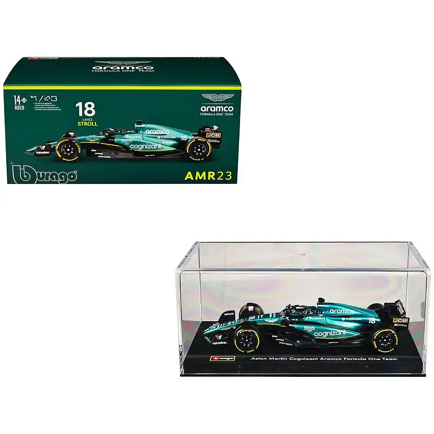 Aston Martin AMR23 #18 Lance Stroll "Cognizant Aramco F1 Team" Formula One F1 World Championship (2023) with Display Case "Race" Series 1/43 Diecast Model Car by Bburago