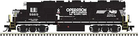 Atlas Model Railroad 10002370 HO Scale EMD GP38 Low Nose - Standard DC - Master(R) Silver -- Norfolk Southern #5669 (Operation Lifesaver, black, white)