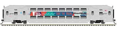 Atlas Model Railroad 40004067 N Scale Multi-Level Commuter Coach Trailer with Toilet - Ready to Run -- New Jersey Transit 7276 (silver, magenta, orange, blue, Hands Free Slogan)