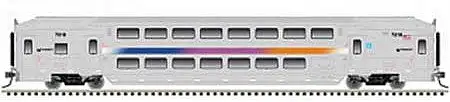 Atlas Model Railroad 40004079 N Scale Multi-Level Commuter Coach Trailer 4-Pack - Ready to Run -- New Jersey Transit 7756, 7593, 7559, 7276 (silver, All with Safety Slogans)