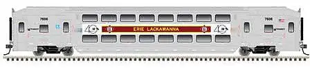 Atlas Model Railroad 50005371 N Scale Multi-Level Commuter Coach Trailer - Ready to Run - Master(R) -- New Jersey Transit 7606 (Erie Lackawanna Heritage, silver, maroon, yellow)