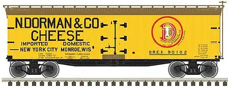 Atlas Model Railroad 50005501 N Scale 40' Wood Reefer - Ready to Run - Master(R) -- Dorman Cheese 90102 (yellow, Boxcar Red, red)