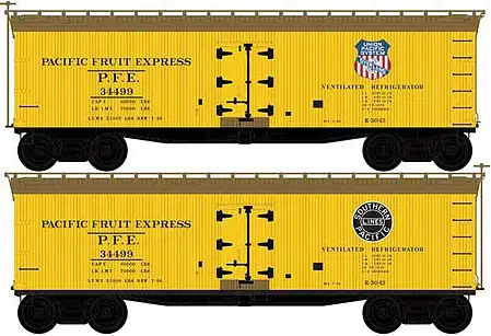Atlas Model Railroad 50005504 N Scale 40' Wood Reefer - Ready to Run - Master(R) -- Pacific Fruit Express 35195 (yellow, Boxcar Red, SP, UP Overland Logos)