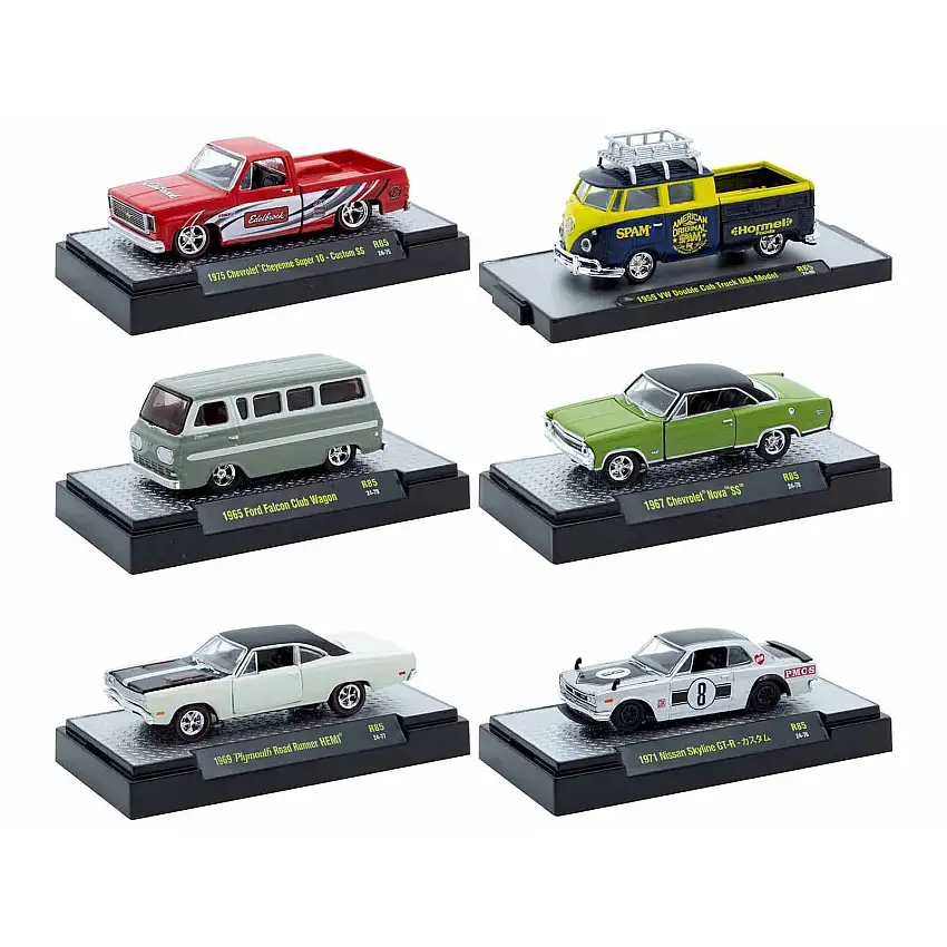 "Auto Meets" Set of 6 Cars IN DISPLAY CASES Release 85 Limited Edition 1/64 Diecast Model Cars by M2 Machines