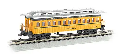 Bachmann 13408 HO Scale 1860 - 1880 Wood Coach - Ready to Run - Silver Series(R) -- Durango & Silverton #257 "Shenandoah" (yellow, silver)