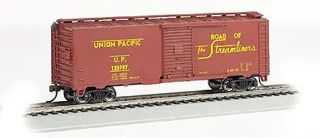 Bachmann 15008 HO Scale Steam-Era 40' Steel Boxcar - Ready to Run - Silver Series(R) -- Union Pacific 125797 (Boxcar Red, yellow, Road of the Streamliners Slogan)