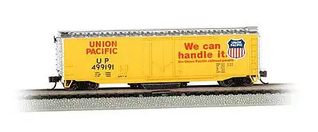 Bachmann 16366 N Scale Track Cleaning 50' Plug-Door Boxcar - Ready to Run -- Union Pacific #499191 (Armour Yellow, red, silver; "We Can Handle It" Slogan)