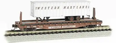 Bachmann 16756 N Scale 52'6" Flatcar with 35' Trailer - Ready to Run - Silver Series(R) -- Western Maryland #7020 (Boxcar Red w/silver WM Trailer)