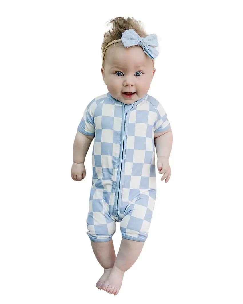 Bamboo Shorty Romper | Blue Checkered