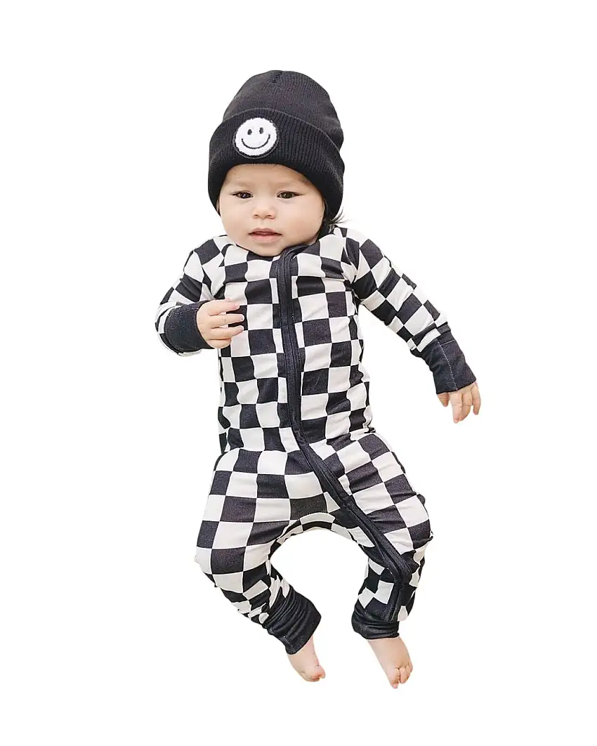 Bamboo Zip Romper | Black Checkered