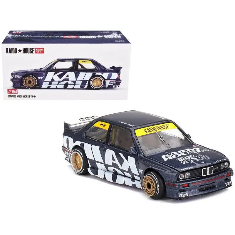 BMW M3 (E30) "Kaido Works V1" Dark Blue Metallic with Graphics (Designed by Jun Imai) "Kaido House" Special 1/64 Diecast Model Car by Mini GT