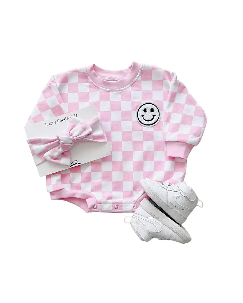 Bubble Romper | Checkered Smiley Pink