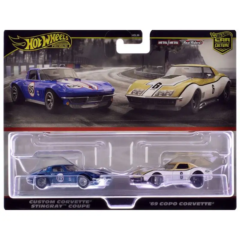 Chevrolet Custom Corvette Stingray Coupe #65 Blue Metallic with White Stripes and 1969 Chevrolet COPO Corvette #6 Gold Metallic and White "Car Culture" Set of 2 Cars Diecast Model Cars by Hot Wheels