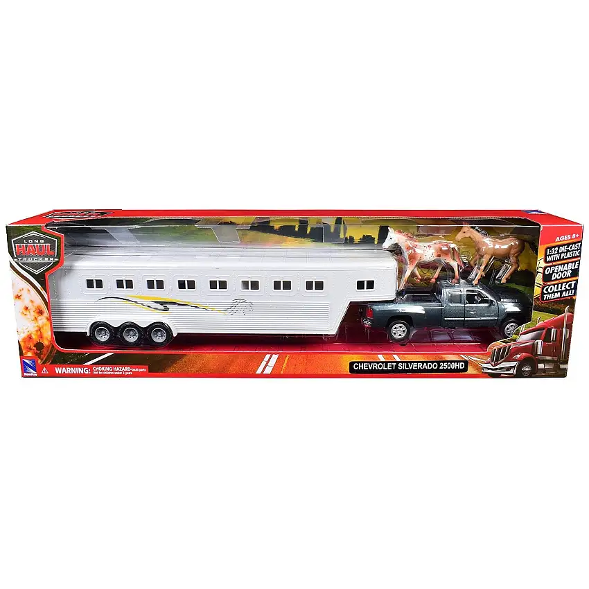 Chevrolet Silverado 2500HD Pickup Truck Gray Metallic with Horse Trailer White and Horse Figures "Long Haul Truckers" Series 1/32 Diecast Model by New Ray