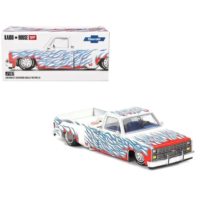 Chevrolet Silverado Dually Pickup Truck "On Fire V2" White Metallic with Blue Flames and Blue Interior (Designed by Jun Imai) "Kaido House" Special 1/64 Diecast Model Car by Mini GT