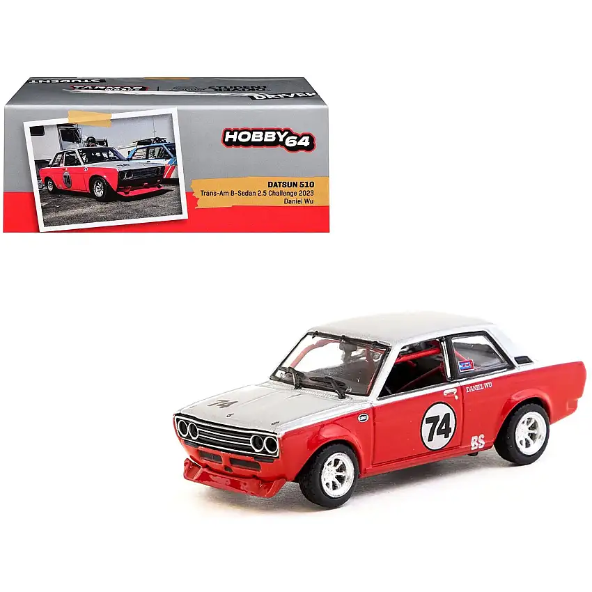 Datsun 510 #74 Daniel Wu "Trans-Am B-Sedan 2.5 Challenge" (2023) Silver and Red "Hobby64" Series 1/64 Diecast Model Car by Tarmac Works