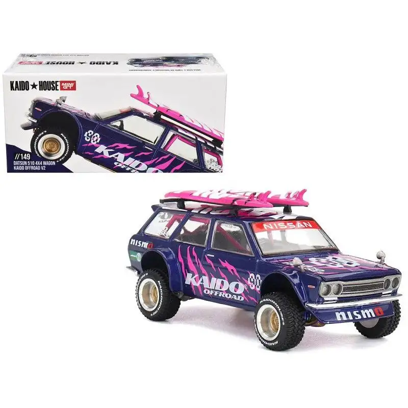 Datsun Kaido 510 Wagon 4x4 RHD (Right Hand Drive) #90 "Kaido Offroad V2" Purple with Pink Graphics and Surfboards on Roof (Designed by Jun Imai) "Kaido House" Special 1/64 Diecast Model Car by Mini GT
