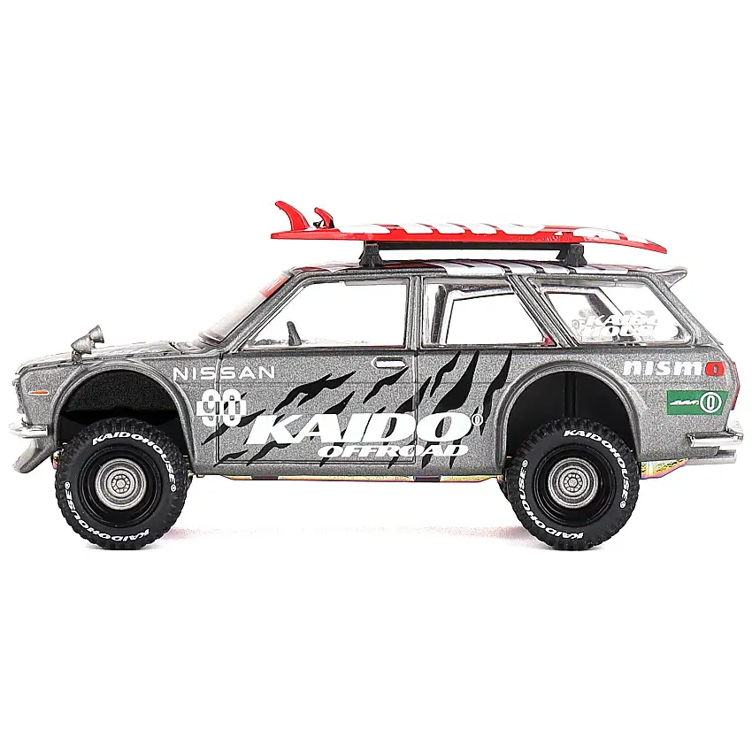 Datsun Kaido 510 Wagon 4x4 RHD (Right Hand Drive) "Kaido Offroad V1" Gray Metallic with Red Interior and Surfboards on Roof (Designed by Jun Imai) "Kaido House" Special 1/64 Diecast Model Car by Mini GT