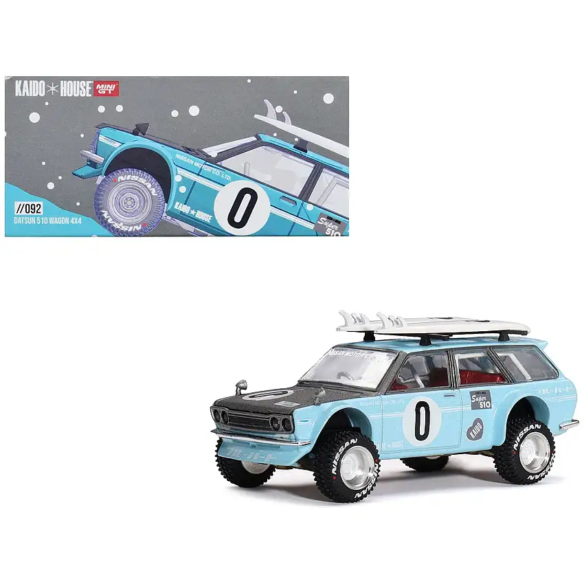Datsun Kaido 510 Wagon 4x4 RHD (Right Hand Drive) Light Blue with Carbon Hood with Surfboards on Roof "Winter Holiday Edition" (Designed by Jun Imai) "Kaido House" Special 1/64 Diecast Model Car by Mini GT