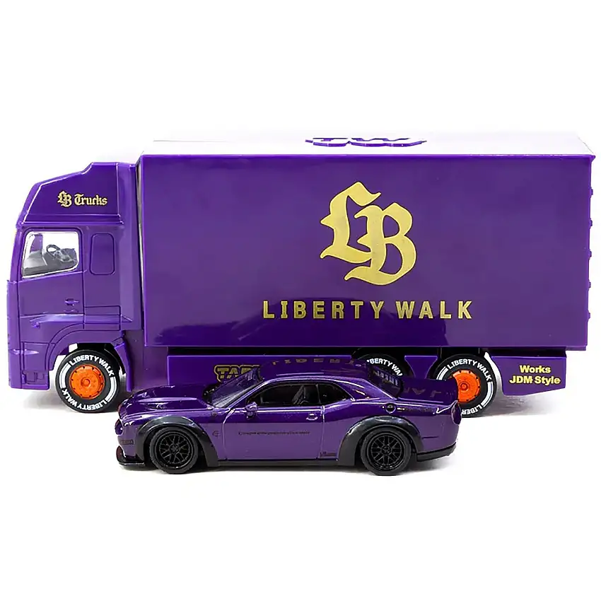 Dodge Challenger SRT Hellcat "Liberty Walk" Purple Metallic with Plastic Transporter Packaging "Global64" Series 1/64 Diecast Model Car by Tarmac Works