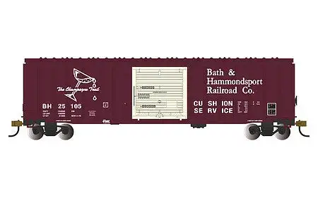 Bachmann 14910 HO Scale ACF 50'6" Outside-Braced Boxcar - Flashing Rear End Device - Ready to Run -- Bath & Hammondsport #25105 (purple, white)