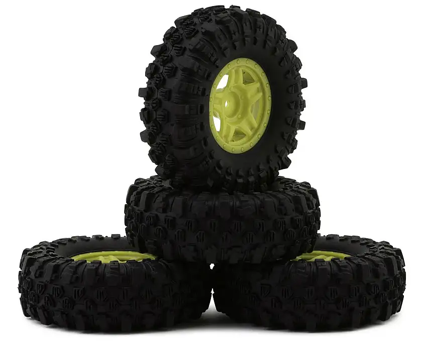 HobbyPlus 1.2" Mudder-XL Pre-Mounted Tires (Yellow) (4) (68mm OD) w/Deep Star Beadlock Wheels