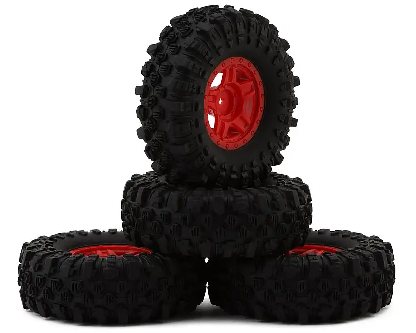 HobbyPlus 1.2" Mudder-XL Pre-Mounted Tires (Red) (4) (68mm OD) w/Deep Star Beadlock Wheels