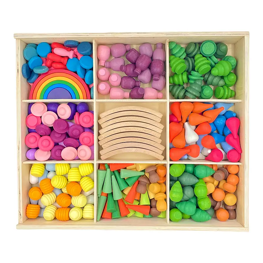 new 252 Pcs Mandala Loose Parts With Mini Rainbow And Mini Natural Wooden Building Blocks Play Set