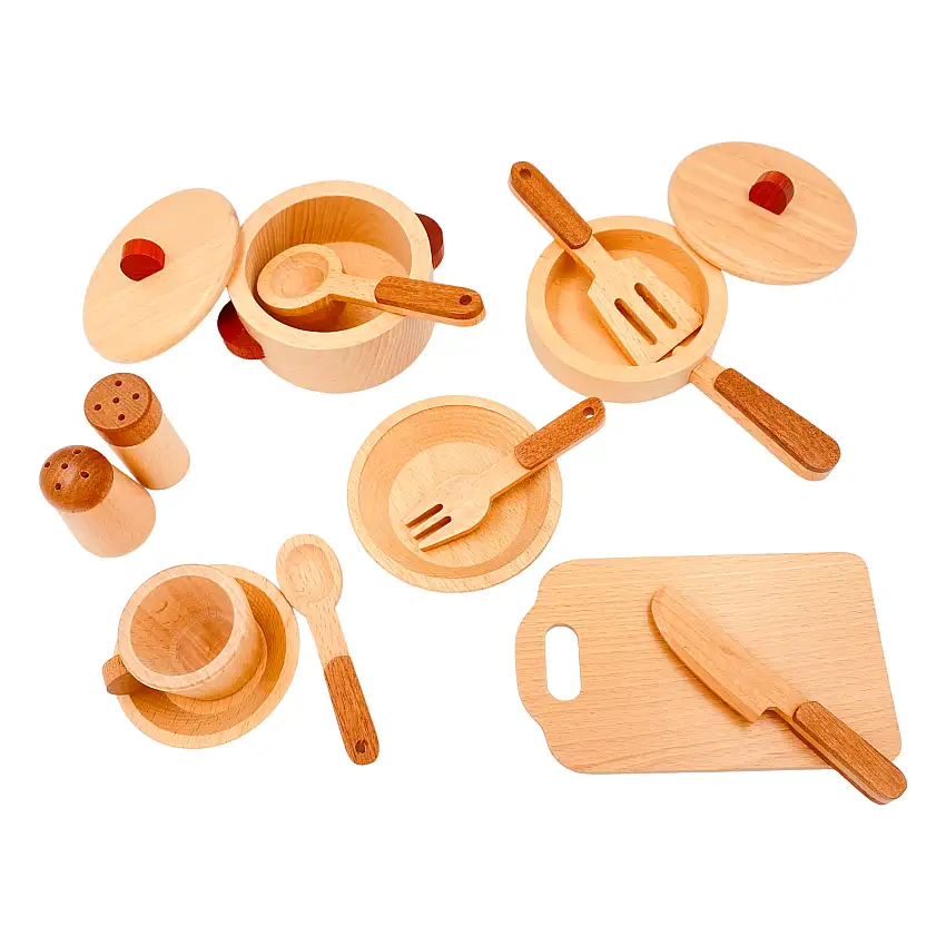 15 Pcs Wooden Kitchen Cookware Playset