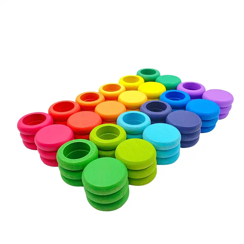 36 Pcs Wooden Coins And 36 Pcs Wooden Rings Set (total Of 72 Pcs)