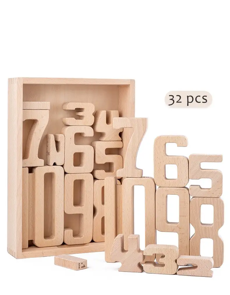 32 Pcs Wooden Math Number Building Blocks Set With Tray