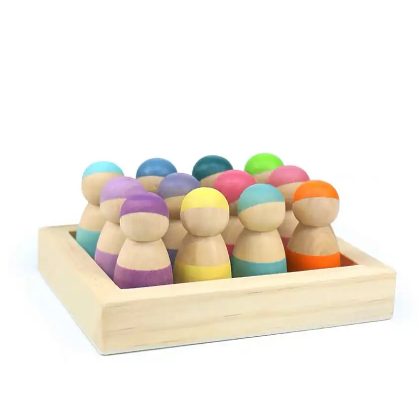 12 Pcs Little Peg Doll People In Tray In Pastel Colors