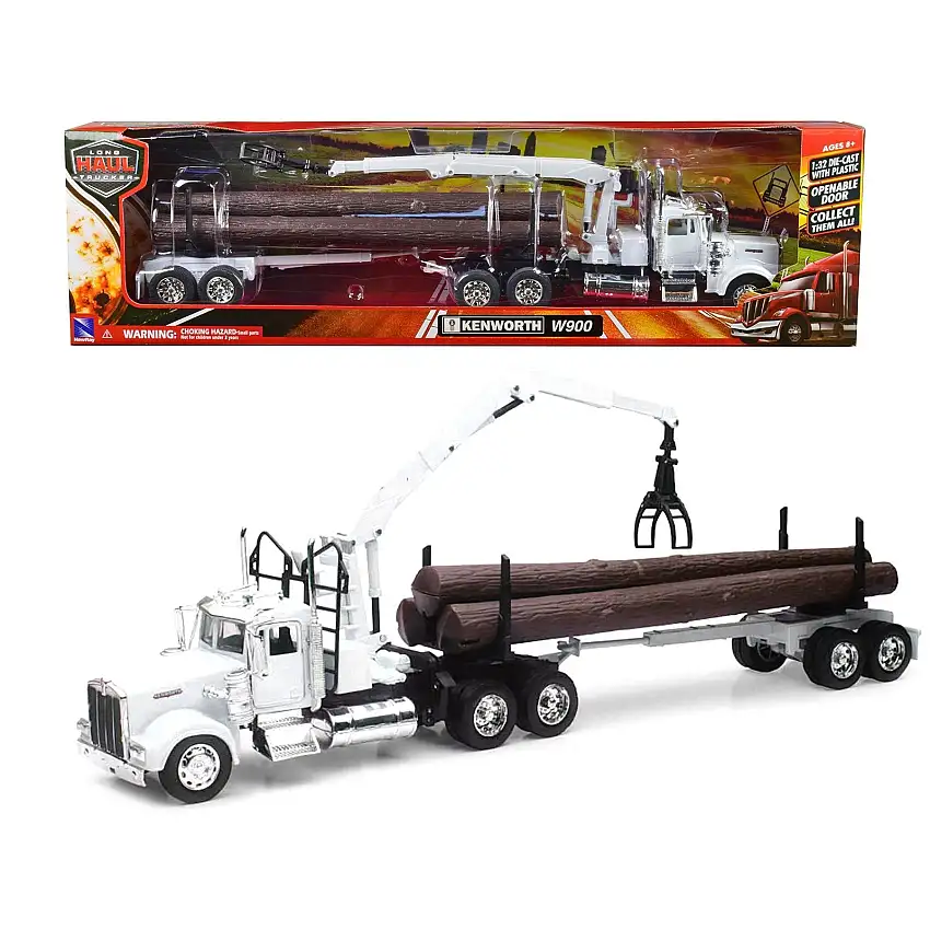 Kenworth W900 Log Hauler with Grabber White with Log Accessories "Long Haul Trucker" Series 1/32 Diecast Model by New Ray