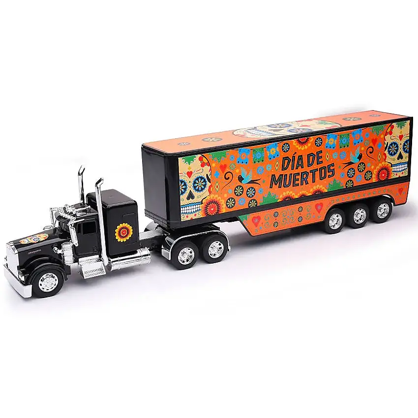 Kenworth W900 Truck Black with Graphics and Dry Van Trailer "Dia De Muertos" 1/32 Diecast Model by New Ray