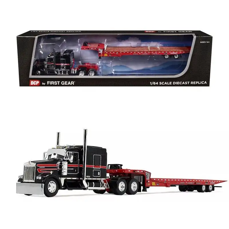 Kenworth W900L with 72" AeroCab Sleeper and Landoll 440B50CA Traveling Axle Trailer Black and Red 1/64 Diecast Model by DCP/First Gear