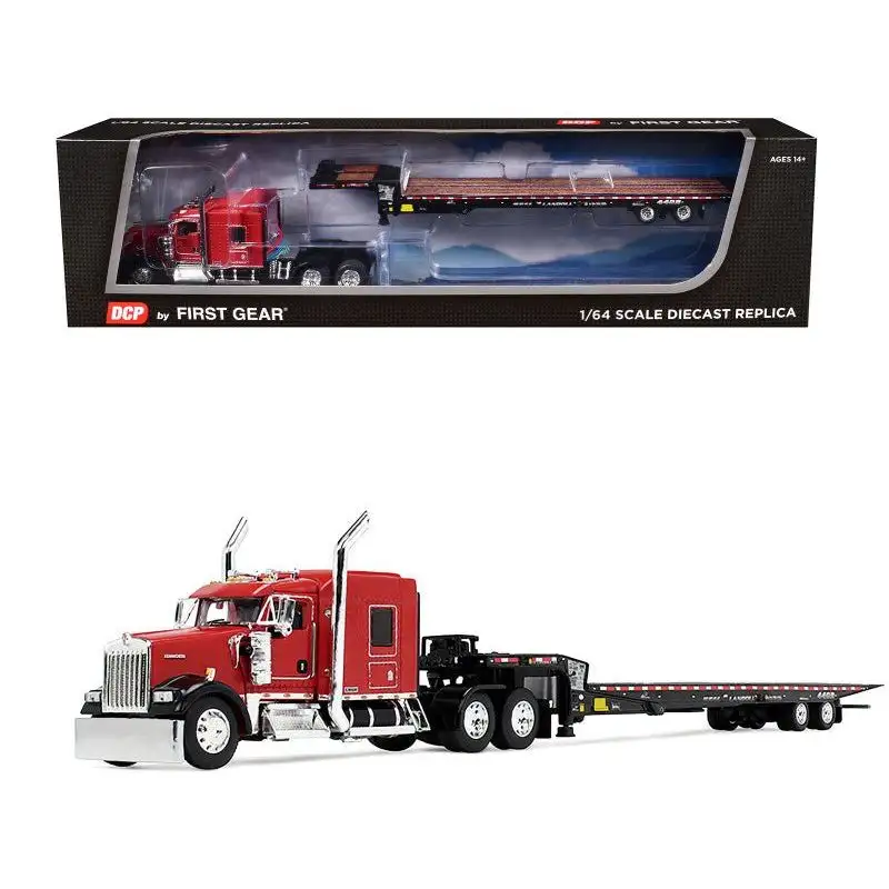 Kenworth W900L with 72" AeroCab Sleeper and Landoll 440B50CA Traveling Axle Trailer Viper Red and Black 1/64 Diecast Model by DCP/First Gear