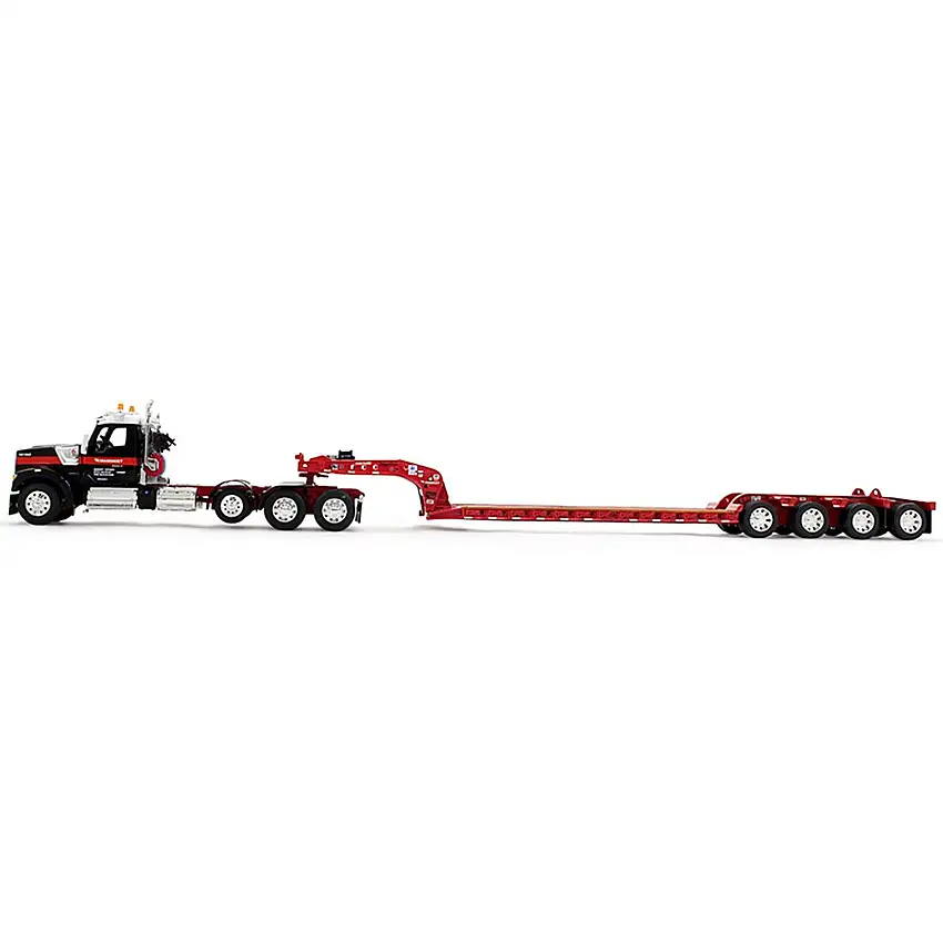 Kenworth W990 Heavy Haul Day Cab and Magnitude Tri-Axle Lowboy Trailer with Flip Tail "Mammoet" Black and Red 1/64 Diecast Model by DCP/First Gear