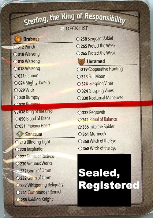 KeyForge Call of the Archons Sterling, the King of Responsibility Archon Deck [REGISTERED] [Virtuous Works, Gorm of Omm x2, Grasping Vines x2, Witch of the Eye x2!] [Mint Unopened]