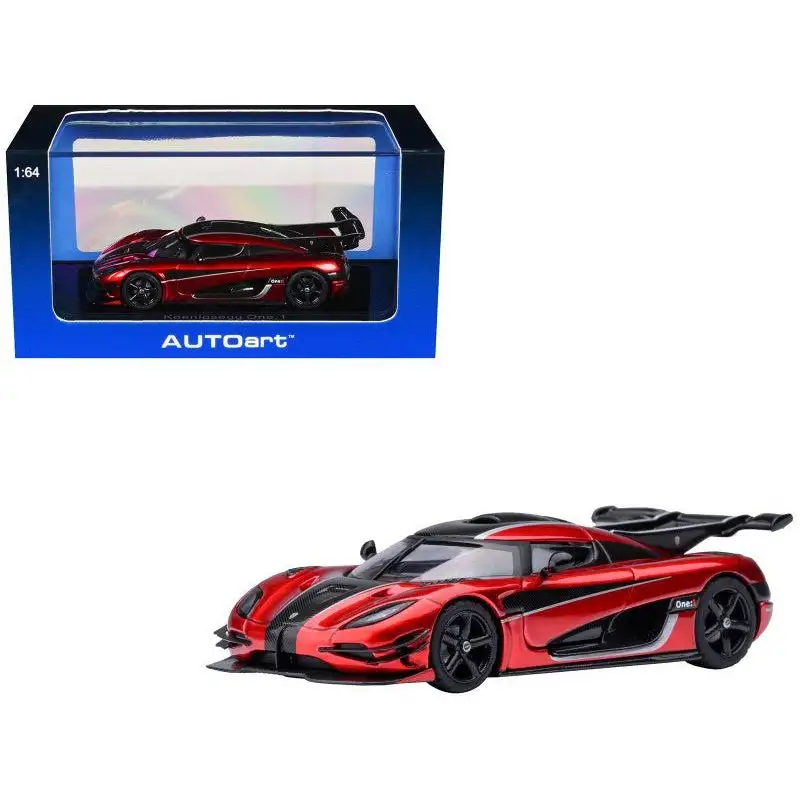 Koenigsegg One:1 Apple Red Metallic with Carbon and Silver Stripes 1/64 Diecast Model Car by Autoart