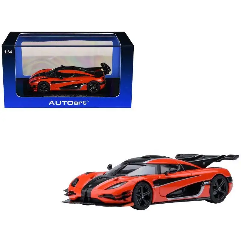 Koenigsegg One:1 Lava Orange with Carbon and Silver Stripes 1/64 Diecast Model Car by Autoart