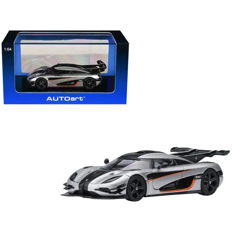Koenigsegg One:1 Moon Gray Metallic with Carbon and Orange Stripes 1/64 Diecast Model Car by Autoart